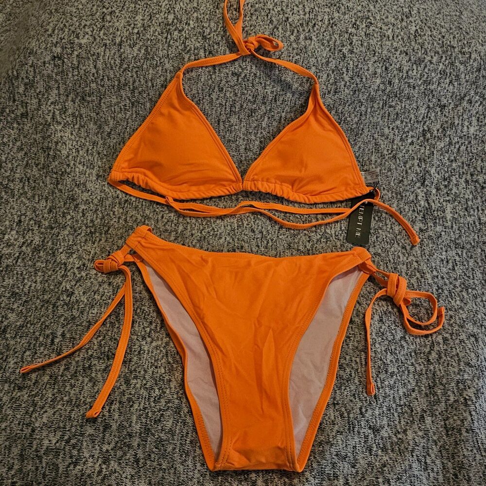 Two Piece Bikini Set Women's Sz XS -Orange Adjustable Ties Sexy Bathing Suit NWT - Picture 2 of 9